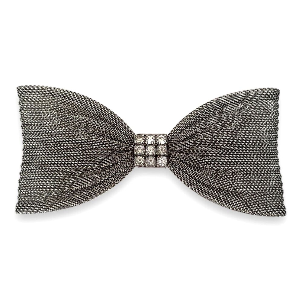 Vintage 1980s Kirks Folly Bow Barrette Silver Tone Mesh Crystal Hair Clip - 7O